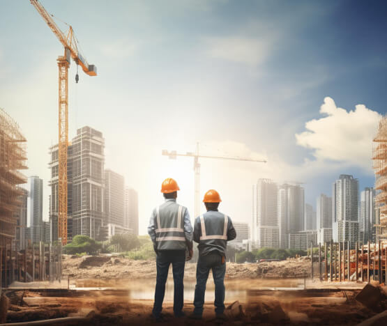 Custom Home Builder Vancouver – Construction workers overlooking a modern urban development site with cranes and high-rise buildings in the background