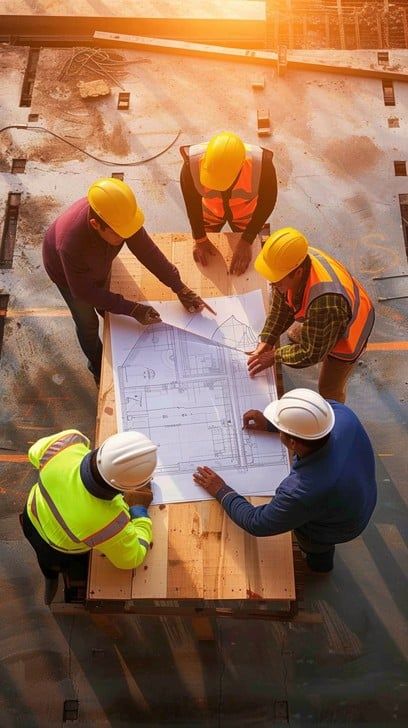 Construction team reviewing blueprints on-site during sunset — expert home construction in Surrey.