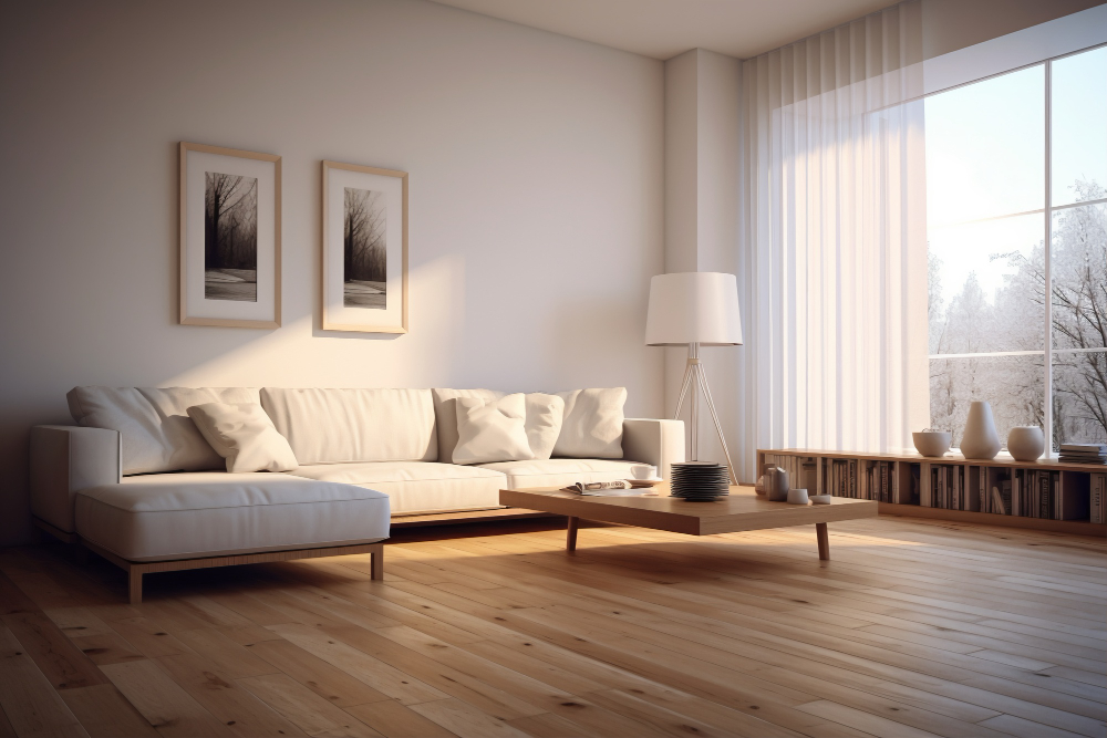 Modern living room with natural light and wooden flooring — showcasing premium flooring services in Greater Vancouver.